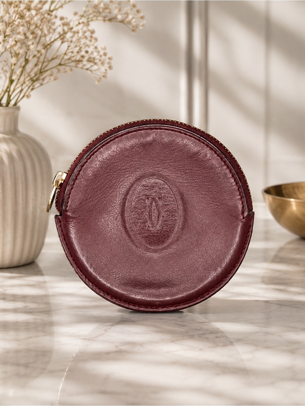 Cartier Must de Cartier Oxblood Leather Zip Coin Pouch | Vintage Collectible